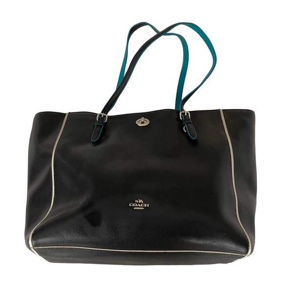 Coach Handbags - Coach Black Leather Tote Bag with Aqua handle straps and lining. Very ni…